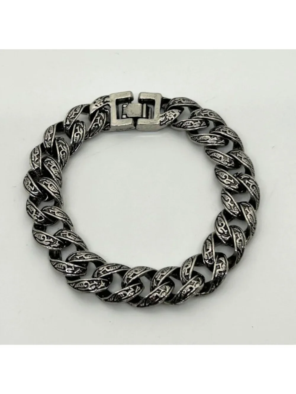 Men's Vintage Stainless Steel Curb Chain Bracelet Tribal Tattoo Etched Design
